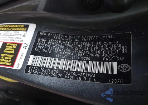 2011 Toyota Avalon Limited из США, поврежденный, VIN 4T1BK3DB8BU436280